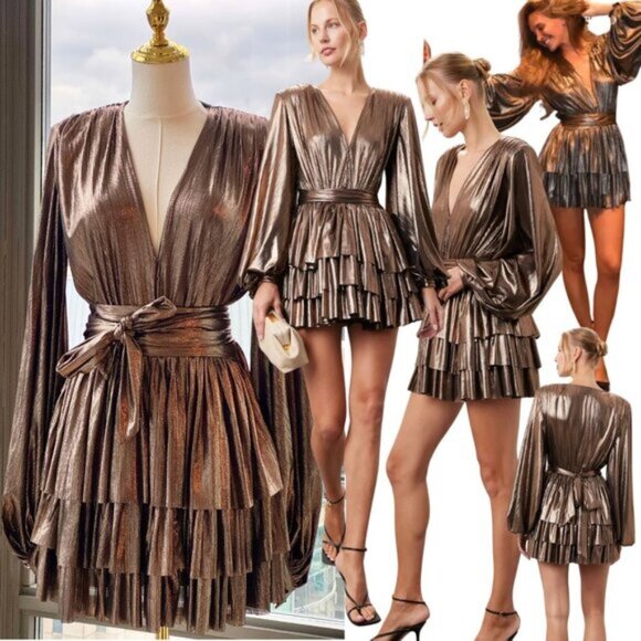🆕 BRONX & BANCO 🧿 NWOT Bellerose Ruffled Mini Dress, Metallic Gold Sz S / US 4 - Picture 1 of 16